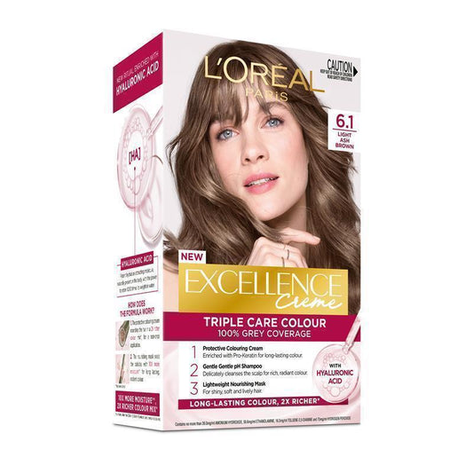 L'Oreal Excellence Creme 6.1 Light Ash Brown Hair Colour - 100% Grey Coverage - Auzzi Store