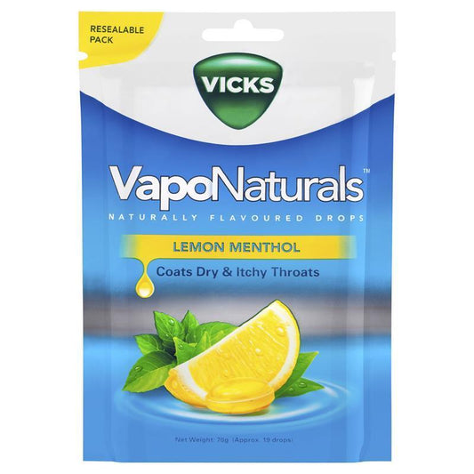 Vicks VapoNaturals Lemon Menthol Throat Lozenges - 70g (Approx. 19 Drops)-Auzzi Store