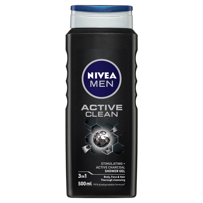 NIVEA MEN Active Clean 3-in-1 Shower Gel with Active Charcoal, 500ml