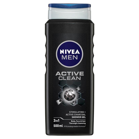 NIVEA MEN Active Clean 3-in-1 Shower Gel with Active Charcoal, 500ml