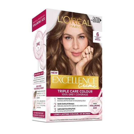 L'Oreal Excellence Creme 6 Light Brown Hair Colour - 100% Grey Coverage - Auzzi Store