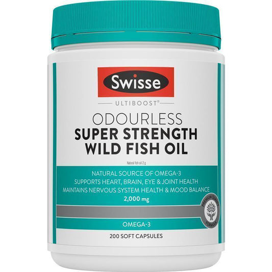 Swisse Ultiboost Odourless Super Strength Wild Fish Oil 2000mg - 200 Capsules for Heart & Brain Health