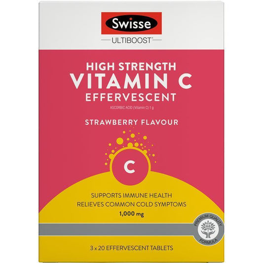 Swisse High Strength Vitamin C Effervescent Tablets 60, 1000mg, Strawberry, Vegan