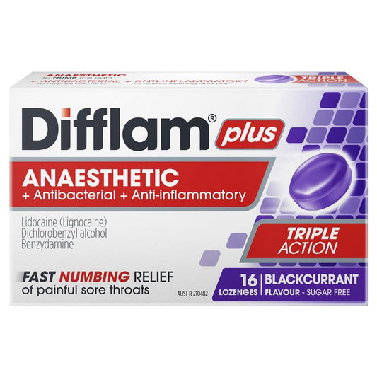 Difflam Plus Anaesthetic Sugar Free Blackcurrant 16 Lozenges-Auzzi Store