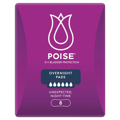 Poise Overnight Incontinence Pads - 8 Pads, 3-in-1 Protection