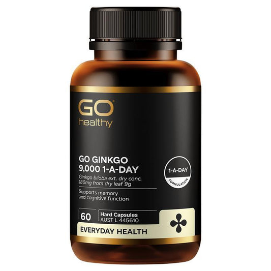 GO Healthy Ginkgo Biloba 9000mg Extract, 60 Veg Capsules 1-A-Day