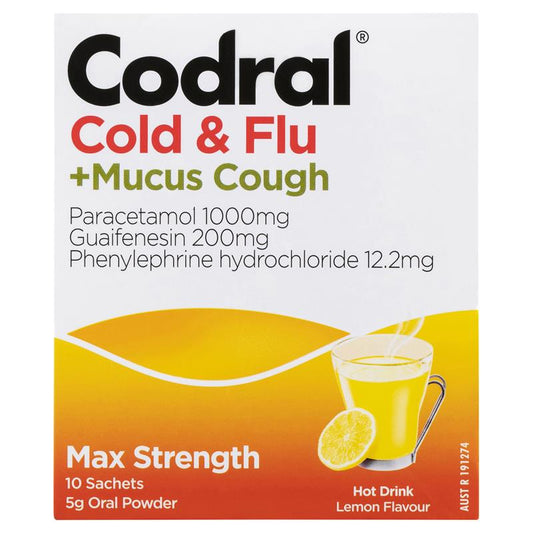 Codral Cold & Flu + Mucus Cough Max Strength Hot Drink Powder - Lemon Flavor (10 Pack)-Auzzi Store