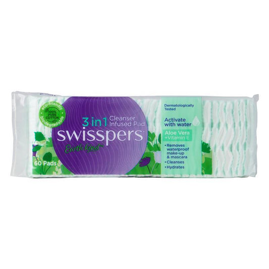 Swisspers 3in1 Aloe Vera & Vitamin E Cleanser Infused Pads - 60 Pack