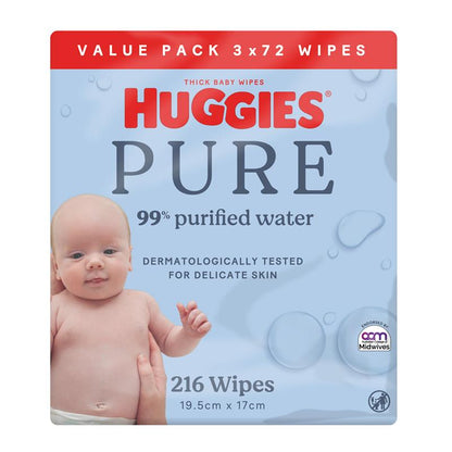 Huggies PURE 99% Water Baby Wipes - Bulk 72x3 Pack