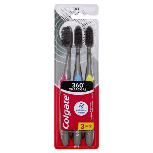 Colgate 360 Charcoal Anti-Bacterial Toothbrush 3 Pack - Whole Mouth Clean