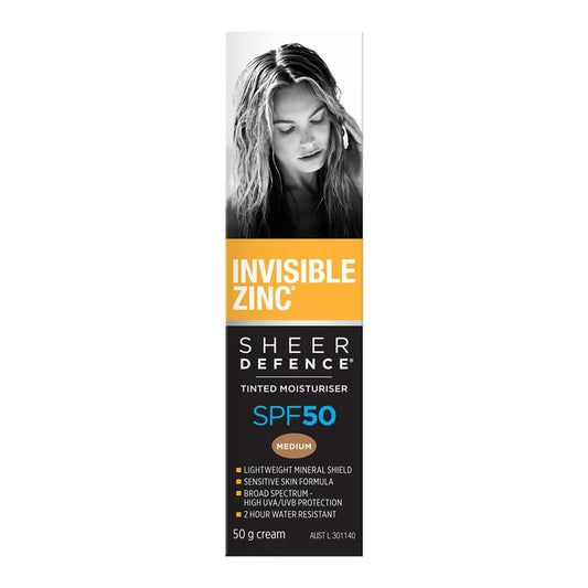 Invisible Zinc SPF 50+ Sheer Defence Tinted Moisturiser Medium 50g - Perfect Balance of Coverage and Protection - Auzzi Store