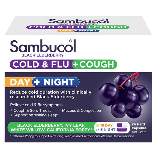 Sambucol Cold & Flu + Cough Day & Night 24 Capsules - Comprehensive Relief-Auzzi Store