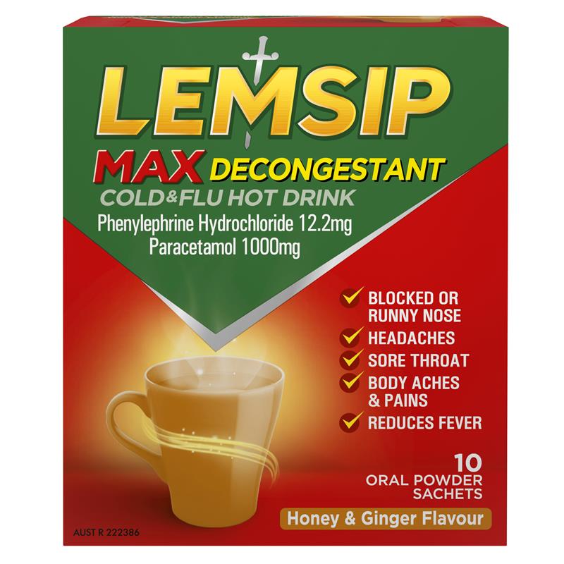 Lemsip Max Cold & Flu Hot Drink with Decongestant - Honey and Ginger (10 Sachets)