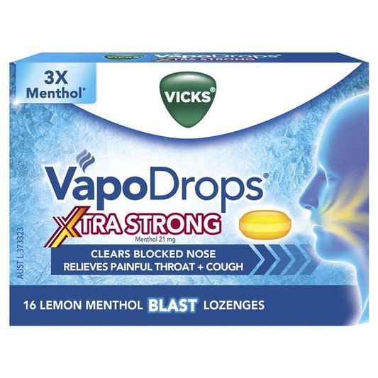 Vicks VapoDrops + Cough Xtra Strong Lemon Menthol Blast 16 Lozenges - Auzzistore