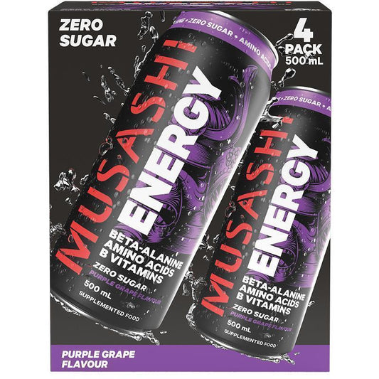 Musashi Purple Grape Energy Drinks 500ml x 4 Pack - Zero Sugar Energy Boost
