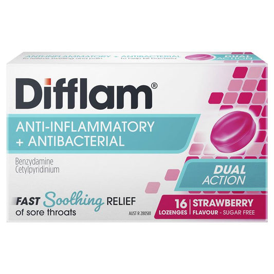 Difflam Sore Throat Lozenges - Sugar Free Strawberry (16 Lozenges)-Auzzi Store