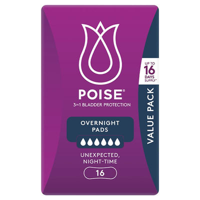 Poise Overnight Bladder Leak Pads – 16 Pads, 3-in-1 Protection