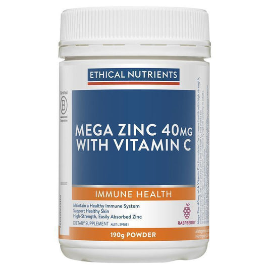 Ethical Nutrients Mega Zinc 40mg with Vitamin C Raspberry Powder - 190g-Auzzi Store