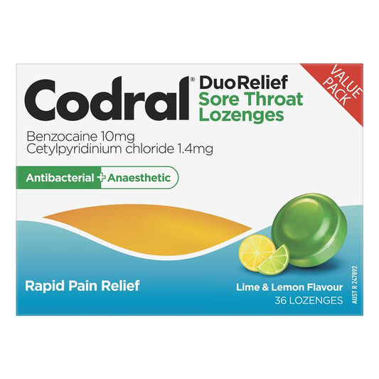 Codral Sore Throat Lozenges Antibacterial + Anaesthetic Lime & Lemon 36 Pack - Fast Relief for Sore Throats-Auzzi Store