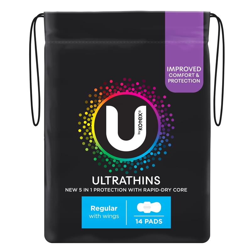 Kotex U Ultra Thin Wings Regular Pads, 14 Count – Leak Protection & Comfort