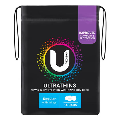 Kotex U Ultra Thin Wings Regular Pads, 14 Count – Leak Protection & Comfort