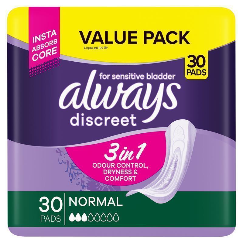 Always Discreet Normal Adult Incontinence Pads, 30 pads, RapidDry