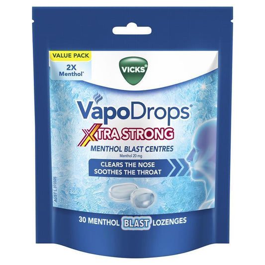 Vicks VapoDrops Xtra Strong Menthol Blast - 30 Lozenges for Instant Relief