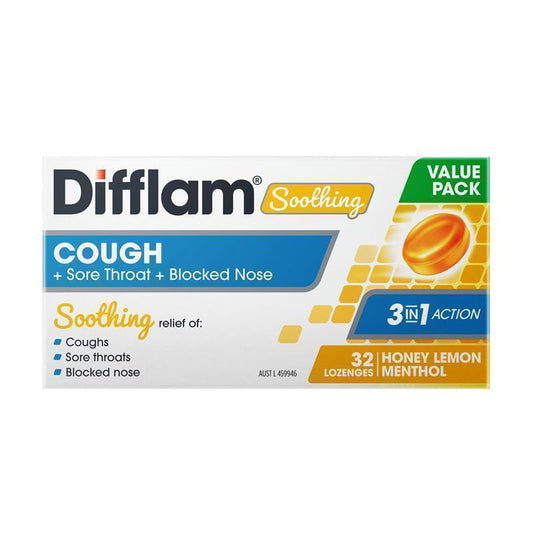 Difflam Soothing Cough + Sore Throat + Blocked Nose Lozenges - Honey Lemon Flavor (32 Lozenges)