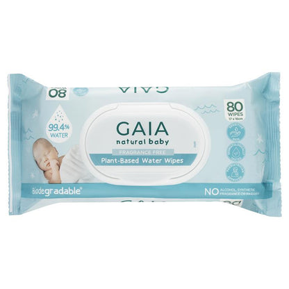 Gaia Natural Plant Based Water Wipes - 80 Pack
