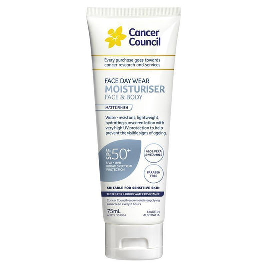 Cancer Council SPF 50+ Day Wear Face Matte Invisible 4hr Water Resistant 75ml Tube - Advanced Protection Against Aging - Auzzi Store
