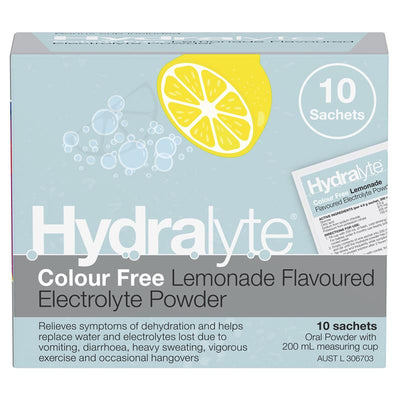 Hydralyte Electrolyte Powder - Colour Free Lemonade - 4.9g x 10 Sachets
