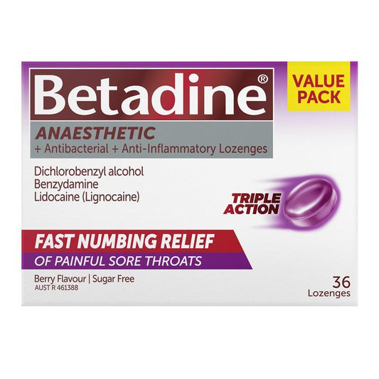 Betadine Sore Throat Anaesthetic Berry 36 Lozenges - Fast Relief - Auzzistore
