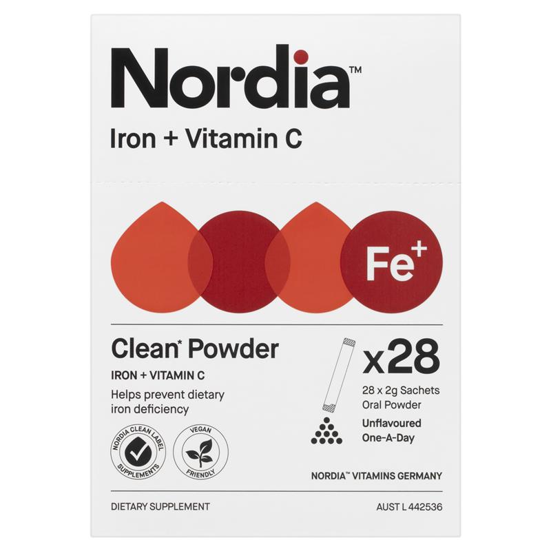Nordia Iron + Vitamin C Powder - 28 Sachets, Sugar-Free, Supports Blood Health
