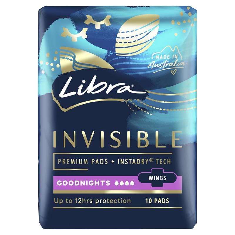 Libra Invisible Goodnight Pads with Wings, 10-Pads 12hr Protection