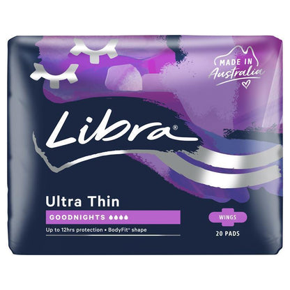 Libra Ultra Thin Goodnights Pads with Wings - 20 Pads, 12hr Protection