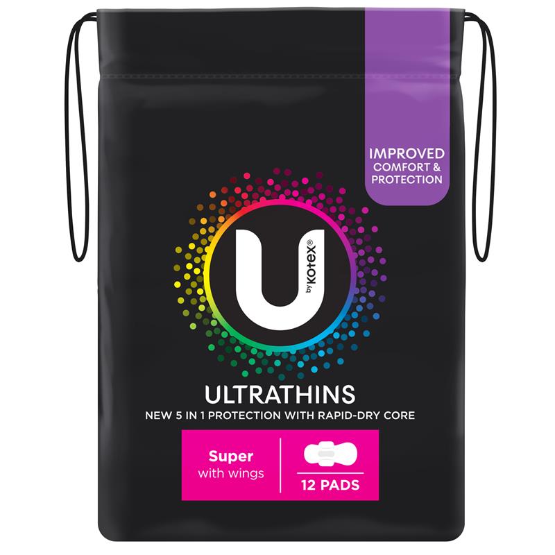 U by Kotex Ultrathin Super Pads with Wings, Rapid-Dry Core, 12-Pack