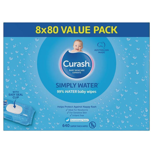 Curash Simply Water Wipes 8x80 Pack - Gentle & Hypoallergenic