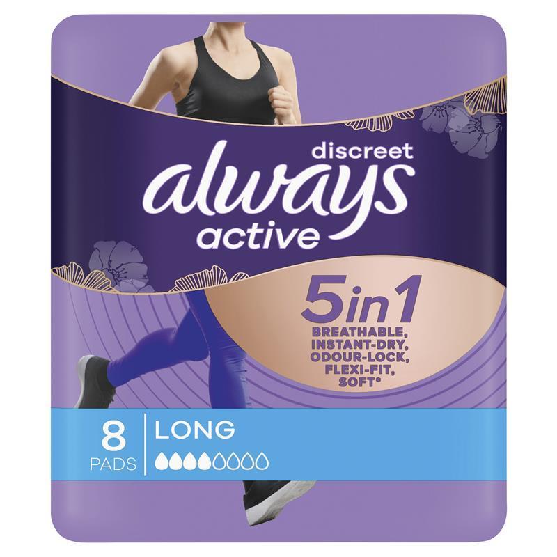 Always Discreet Active Incontinence Pads for Bladder Leaks, Long, 8-Pads