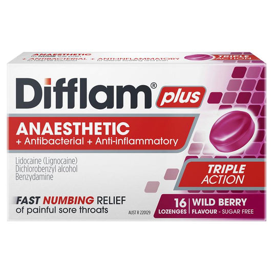 Difflam Plus Anaesthetic Sugar Free Wild Berry Lozenges - 16 Count-Auzzi Store