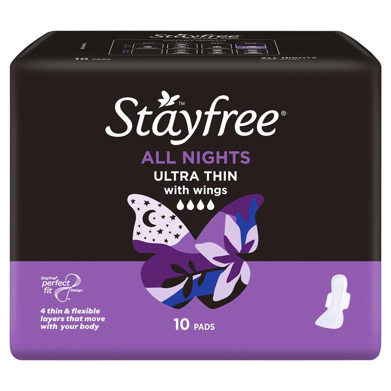 Stayfree All Night Ultra Thin Pads with Wings, 10-Pack, Advanced Leak Protection