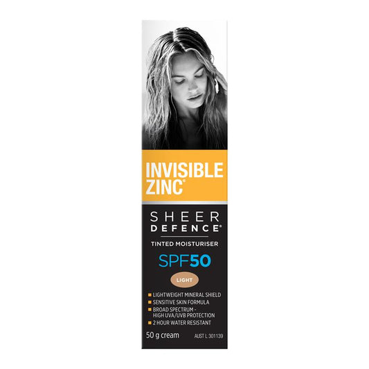 Invisible Zinc SPF 50+ Sheer Defence Tinted Moisturiser Light 50g - Flawless Protection for Everyday Use - Auzzi Store