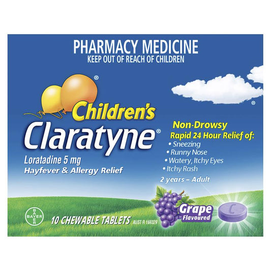 Children's Claratyne Allergy & Hayfever Relief Antihistamine for Kids - Grape Flavoured Chewable Tablets (10 Pack)-Auzzi Store