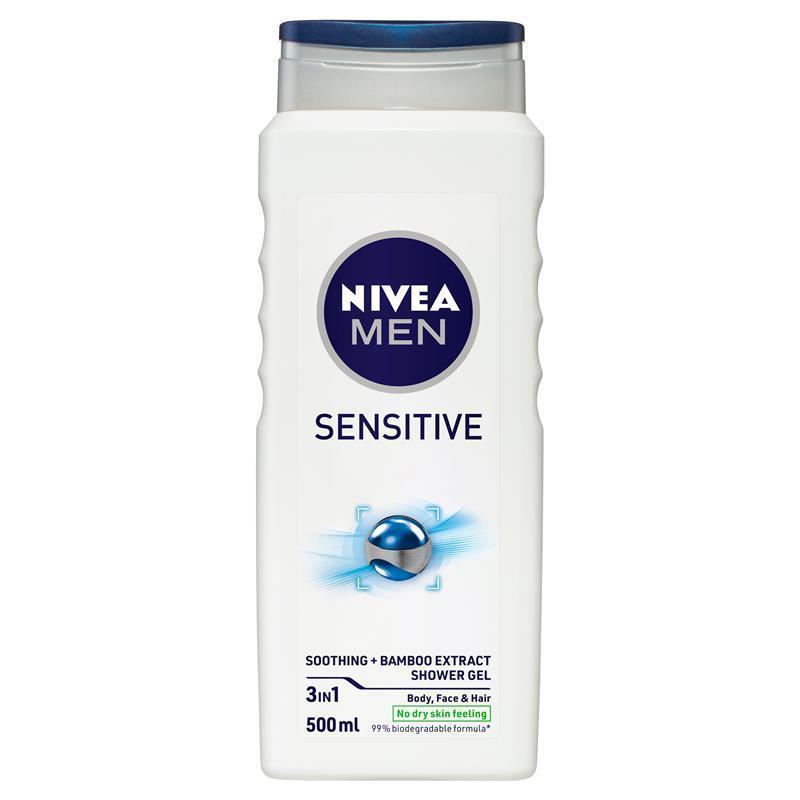 NIVEA MEN Sensitive 3-in-1 Shower Gel Body Wash 500ml Bamboo