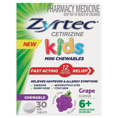 Zyrtec Kids Antihistamine Allergy & Hayfever Chewable Tablets - Grape 30 Pack