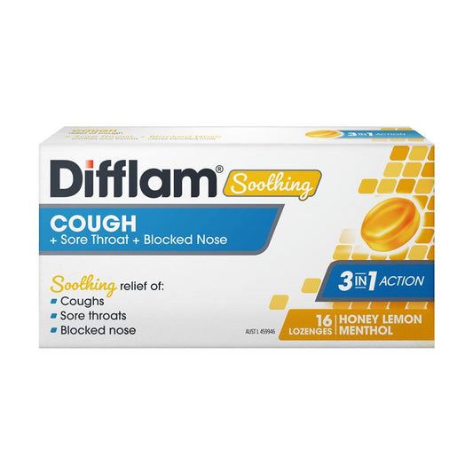 Difflam Soothing Cough + Sore Throat + Blocked Nose Honey Lemon 16 Lozenges - 3-in-1 Relief - Auzzistore
