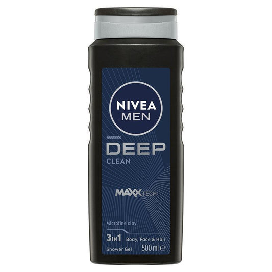 NIVEA Men Deep Clean Shower Gel 500ml – Natural Clay & Biodegradable