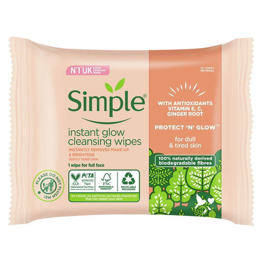 Simple Micellar Instant Glow Facial Wipes (20 Pack)