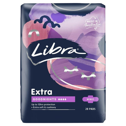 Libra Extra Goodnight Pads with Wings, 20 Pads, 12Hr Protection, BodyFit Shape