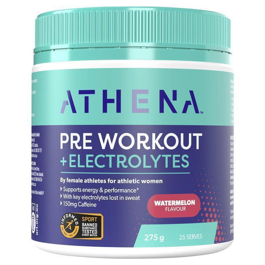 Athena Preworkout + Electrolytes + Caffeine Watermelon 275g - Energy Boost for Women