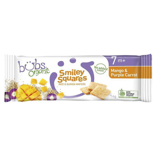 Bubs Organic Smiley Squares Mango & Purple Carrot for 7 Months+ - 14g - Auzzi Store